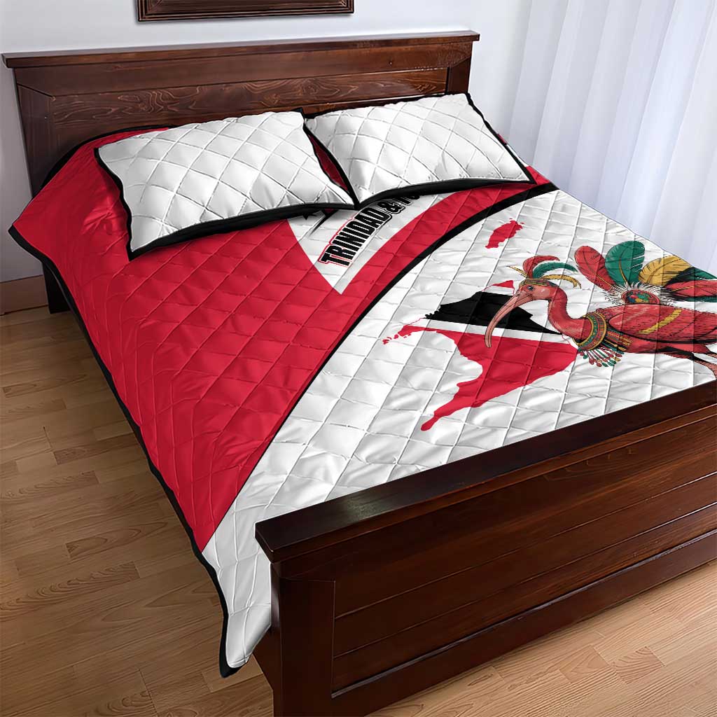 Trinidad and Tobago National Map Quilt Bed Set with Scarlet Ibis and Coat of Arms on Red White Star Theme - Wonder Print Shop