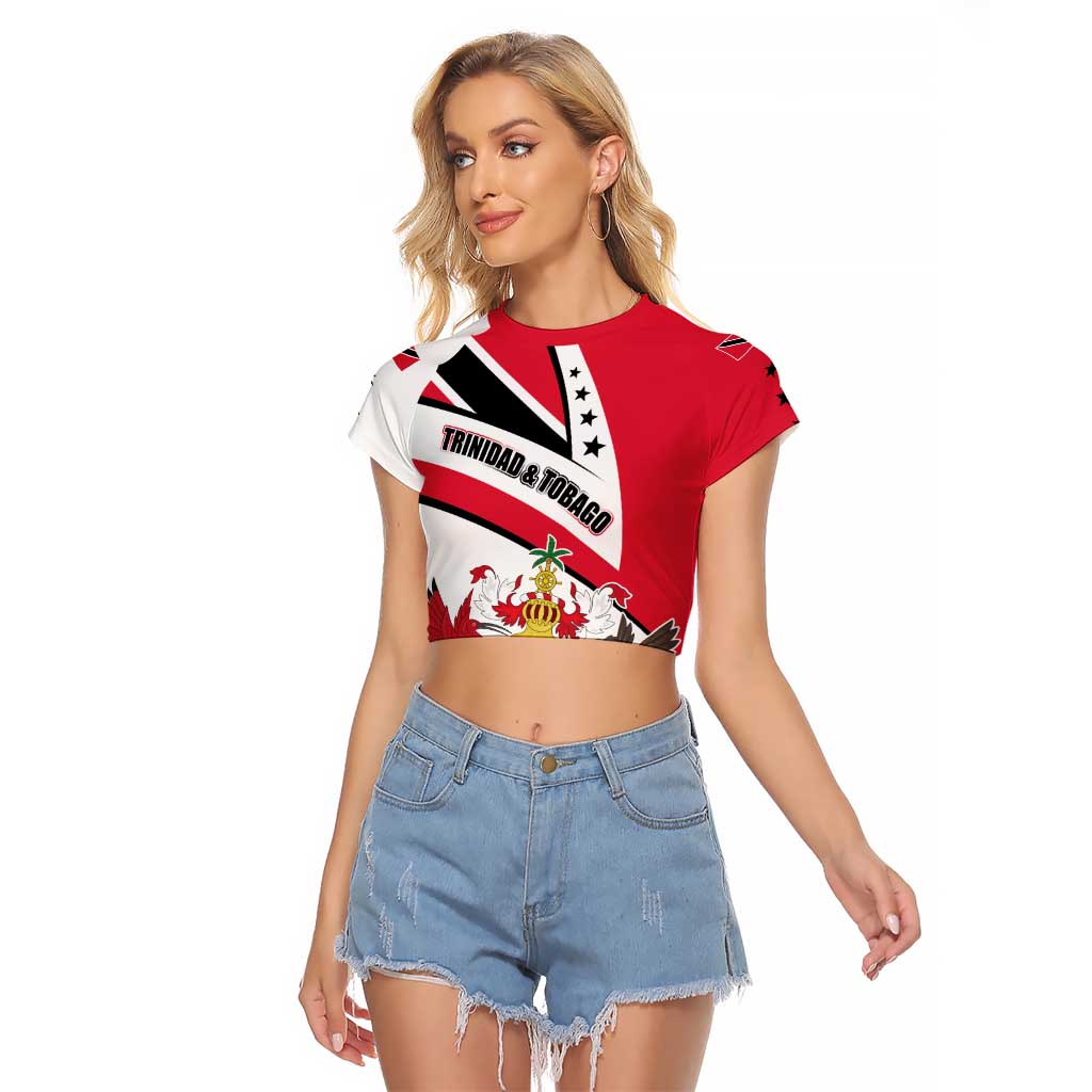 Trinidad and Tobago National Map Raglan Cropped T Shirt with Scarlet Ibis and Coat of Arms on Red White Star Theme - Wonder Print Shop