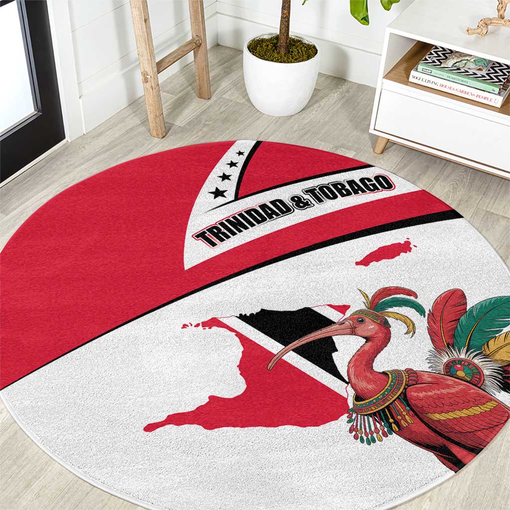 Trinidad and Tobago National Map Round Carpet with Scarlet Ibis and Coat of Arms on Red White Star Theme - Wonder Print Shop
