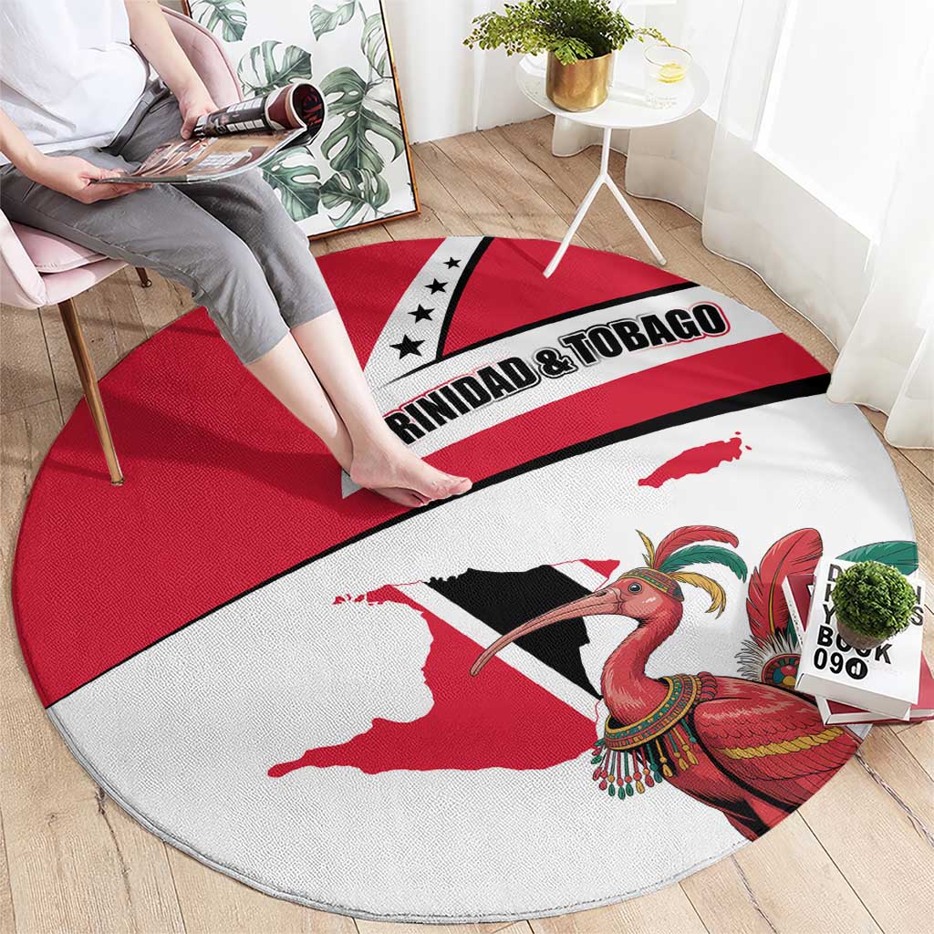 Trinidad and Tobago National Map Round Carpet with Scarlet Ibis and Coat of Arms on Red White Star Theme - Wonder Print Shop