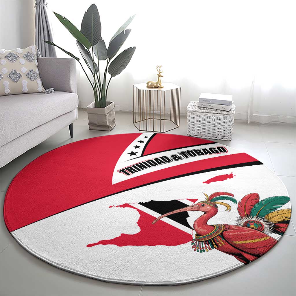 Trinidad and Tobago National Map Round Carpet with Scarlet Ibis and Coat of Arms on Red White Star Theme - Wonder Print Shop
