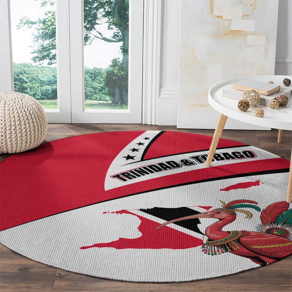 Trinidad and Tobago National Map Round Carpet with Scarlet Ibis and Coat of Arms on Red White Star Theme - Wonder Print Shop