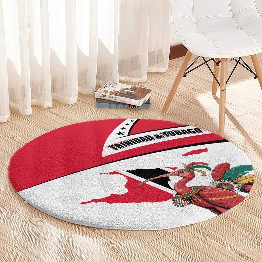 Trinidad and Tobago National Map Round Carpet with Scarlet Ibis and Coat of Arms on Red White Star Theme - Wonder Print Shop