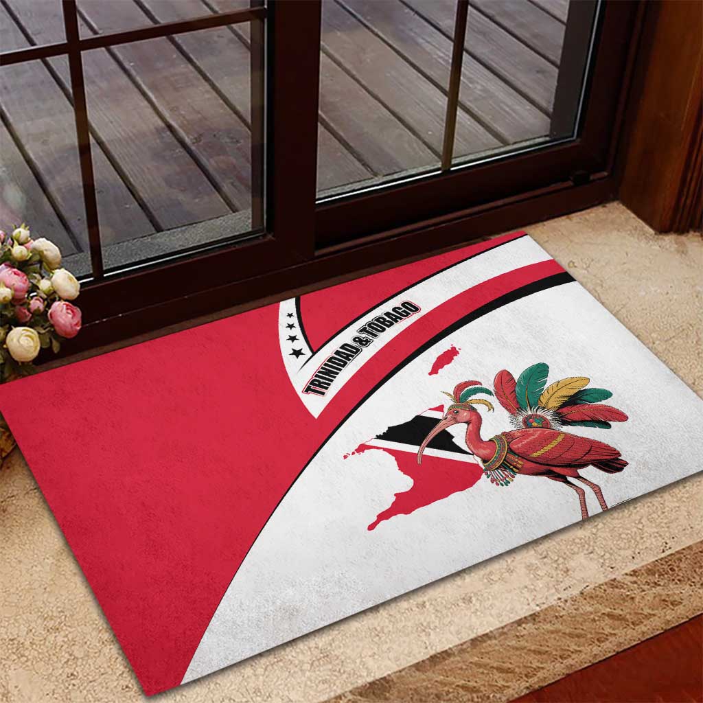 Trinidad and Tobago National Map Rubber Doormat with Scarlet Ibis and Coat of Arms on Red White Star Theme - Wonder Print Shop