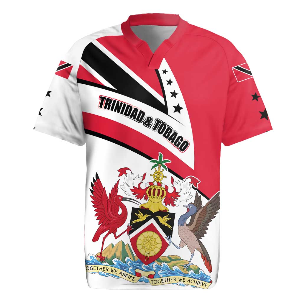 Trinidad and Tobago National Map Rugby Jersey with Scarlet Ibis and Coat of Arms on Red White Star Theme - Wonder Print Shop