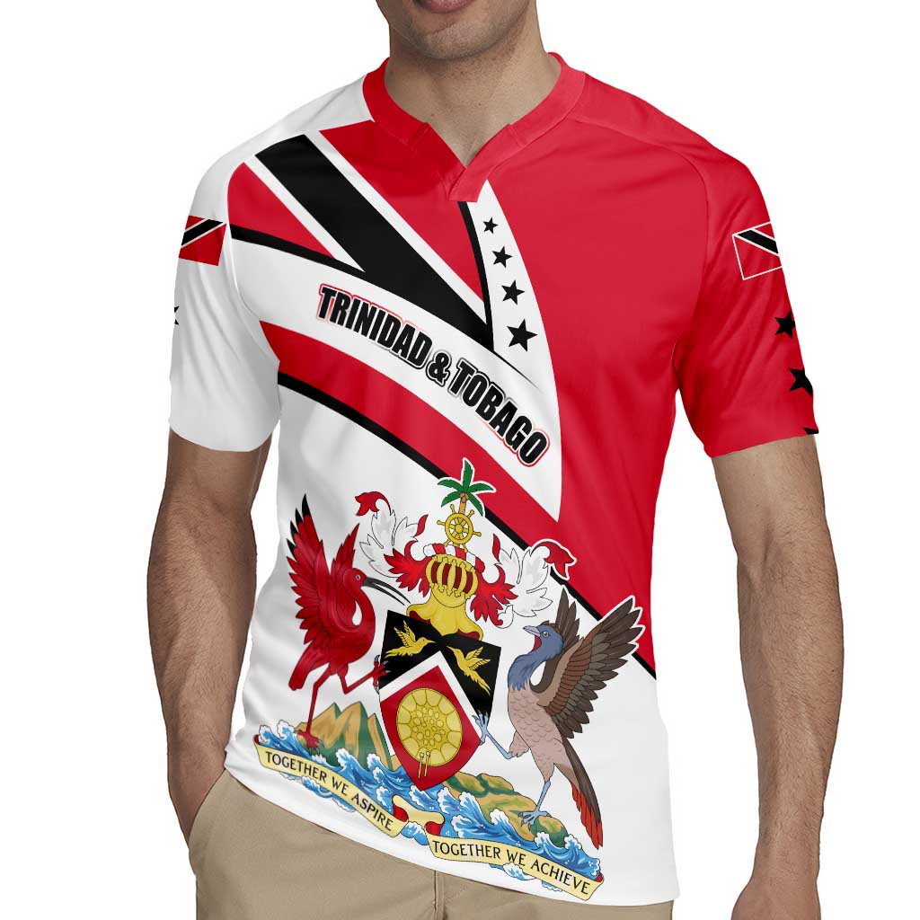Trinidad and Tobago National Map Rugby Jersey with Scarlet Ibis and Coat of Arms on Red White Star Theme - Wonder Print Shop