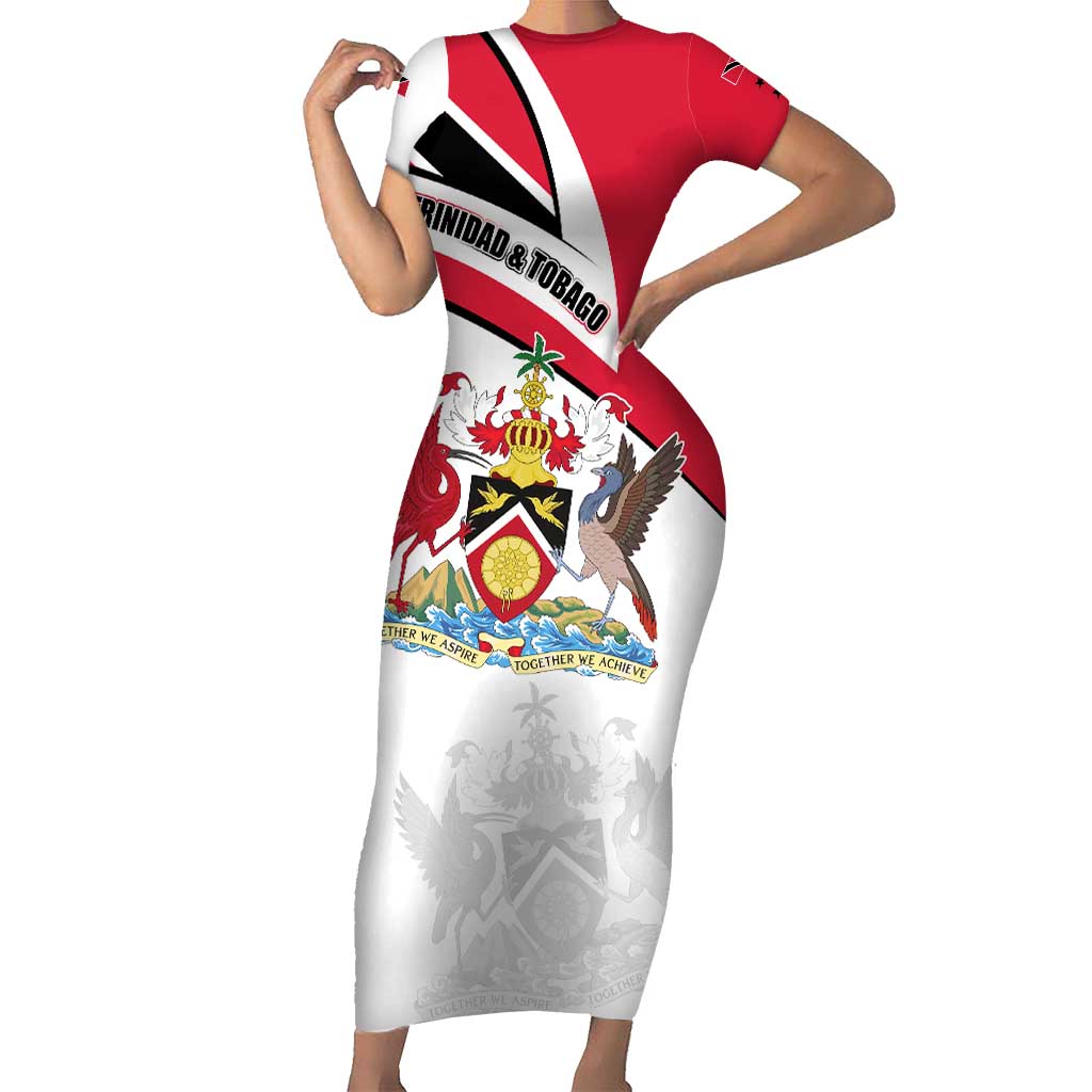 Trinidad and Tobago National Map Short Sleeve Bodycon Dress with Scarlet Ibis and Coat of Arms on Red White Star Theme - Wonder Print Shop