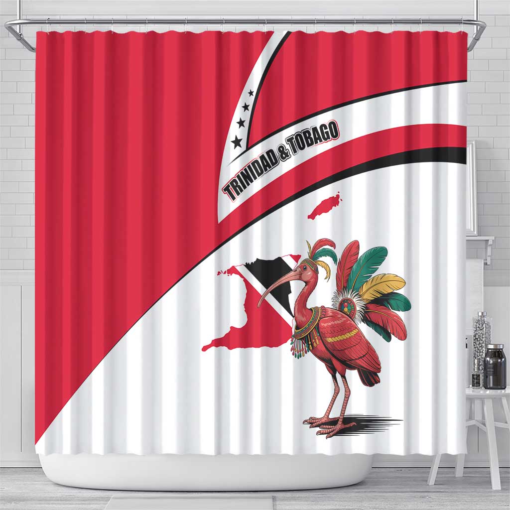 Trinidad and Tobago National Map Shower Curtain with Scarlet Ibis and Coat of Arms on Red White Star Theme - Wonder Print Shop