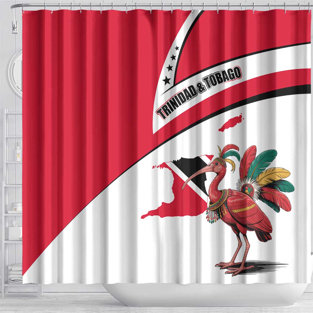 Trinidad and Tobago National Map Shower Curtain with Scarlet Ibis and Coat of Arms on Red White Star Theme - Wonder Print Shop