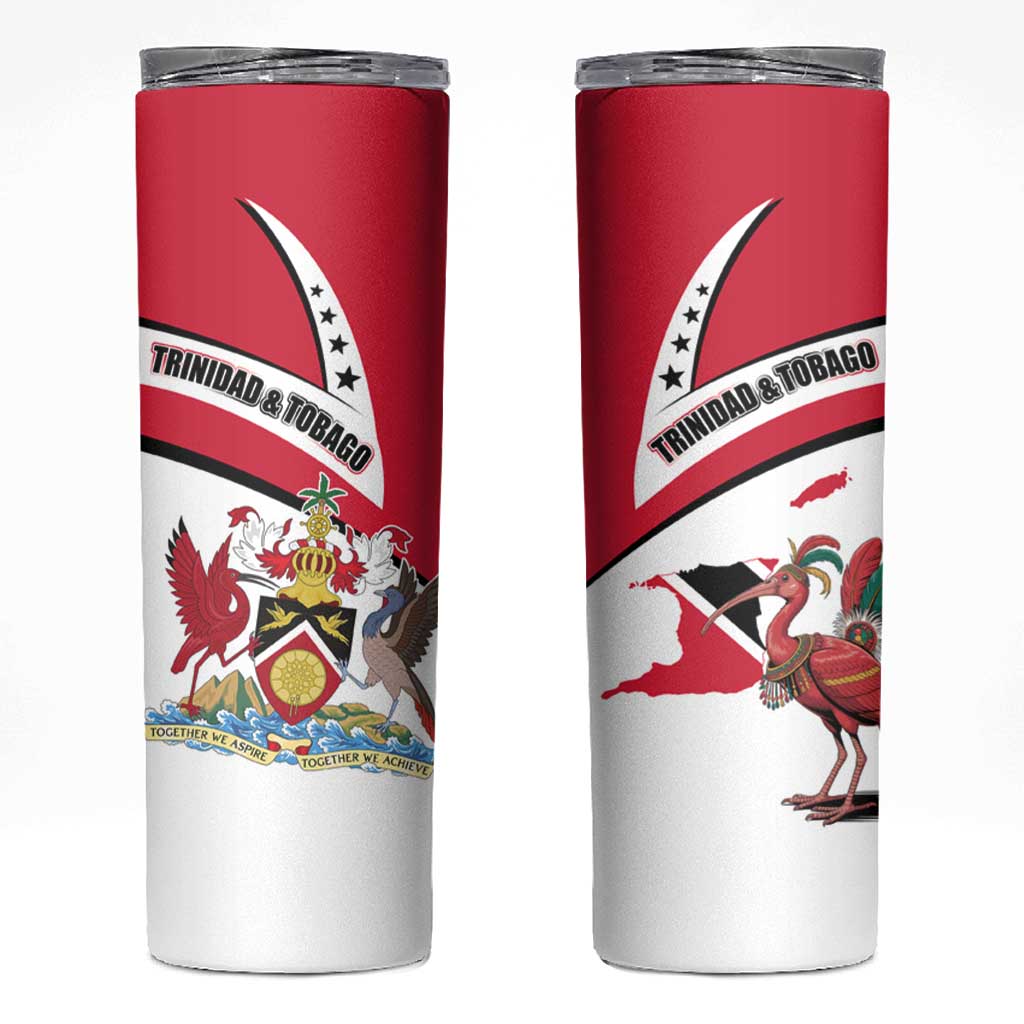 Trinidad and Tobago National Map Skinny Tumbler with Scarlet Ibis and Coat of Arms on Red White Star Theme - Wonder Print Shop