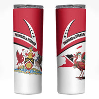 Trinidad and Tobago National Map Skinny Tumbler with Scarlet Ibis and Coat of Arms on Red White Star Theme - Wonder Print Shop