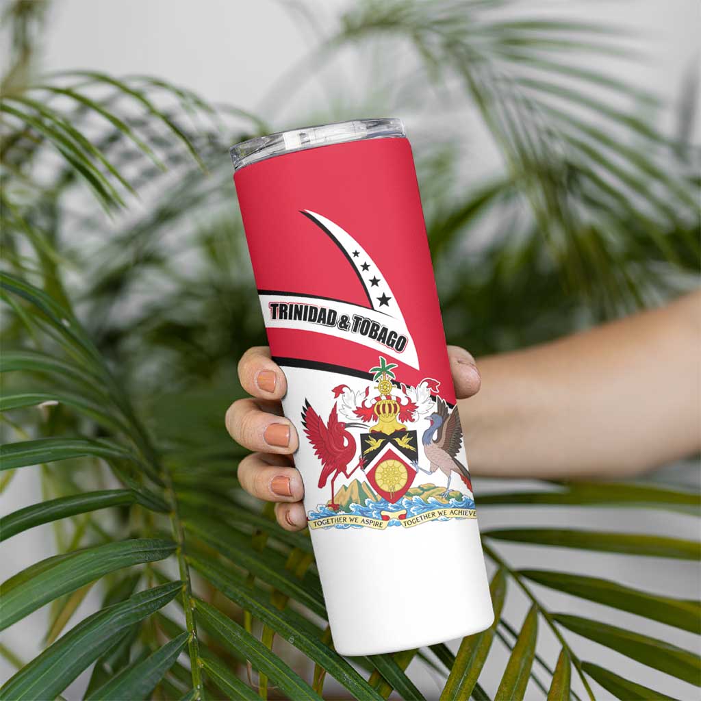 Trinidad and Tobago National Map Skinny Tumbler with Scarlet Ibis and Coat of Arms on Red White Star Theme - Wonder Print Shop