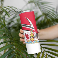 Trinidad and Tobago National Map Skinny Tumbler with Scarlet Ibis and Coat of Arms on Red White Star Theme - Wonder Print Shop