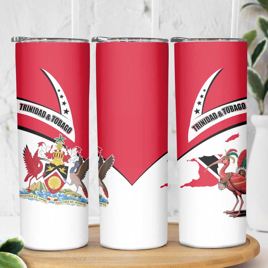 Trinidad and Tobago National Map Skinny Tumbler with Scarlet Ibis and Coat of Arms on Red White Star Theme - Wonder Print Shop