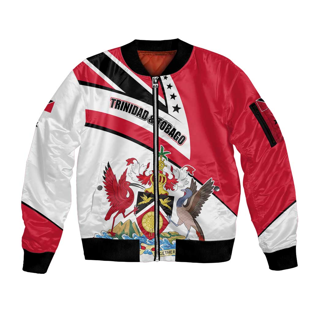 Trinidad and Tobago National Map Sleeve Zip Bomber Jacket with Scarlet Ibis and Coat of Arms on Red White Star Theme - Wonder Print Shop