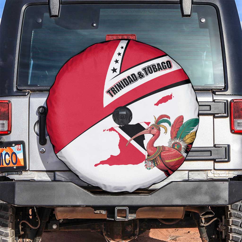 Trinidad and Tobago National Map Spare Tire Cover with Scarlet Ibis and Coat of Arms on Red White Star Theme - Wonder Print Shop