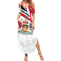 Trinidad and Tobago National Map Summer Maxi Dress with Scarlet Ibis and Coat of Arms on Red White Star Theme - Wonder Print Shop