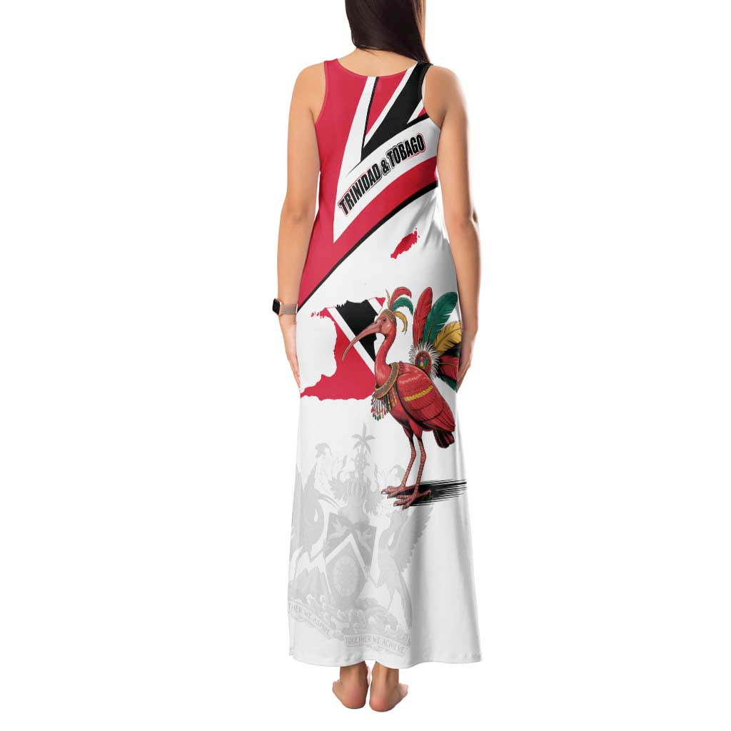 Trinidad and Tobago National Map Tank Maxi Dress with Scarlet Ibis and Coat of Arms on Red White Star Theme - Wonder Print Shop