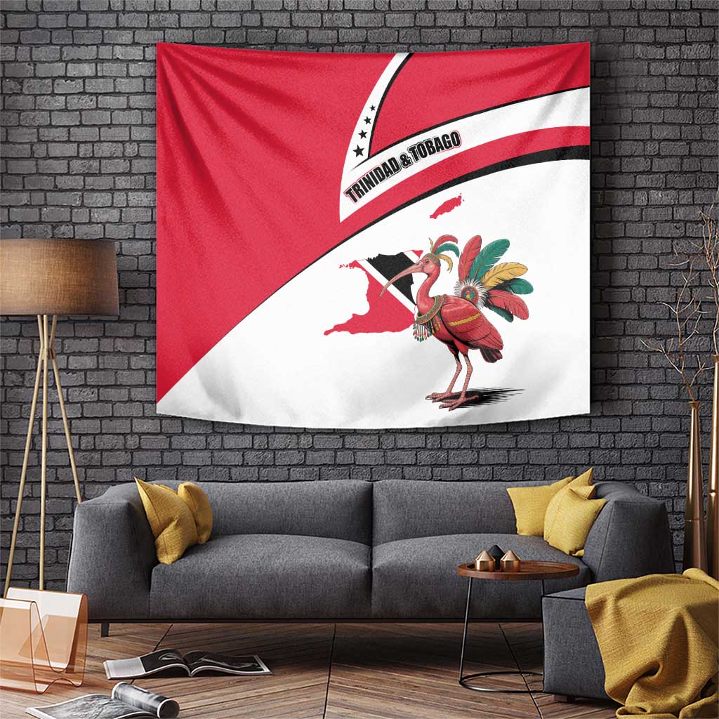 Trinidad and Tobago National Map Tapestry with Scarlet Ibis and Coat of Arms on Red White Star Theme - Wonder Print Shop
