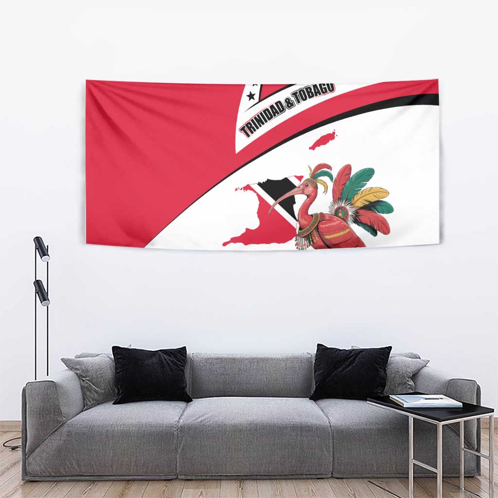 Trinidad and Tobago National Map Tapestry with Scarlet Ibis and Coat of Arms on Red White Star Theme - Wonder Print Shop