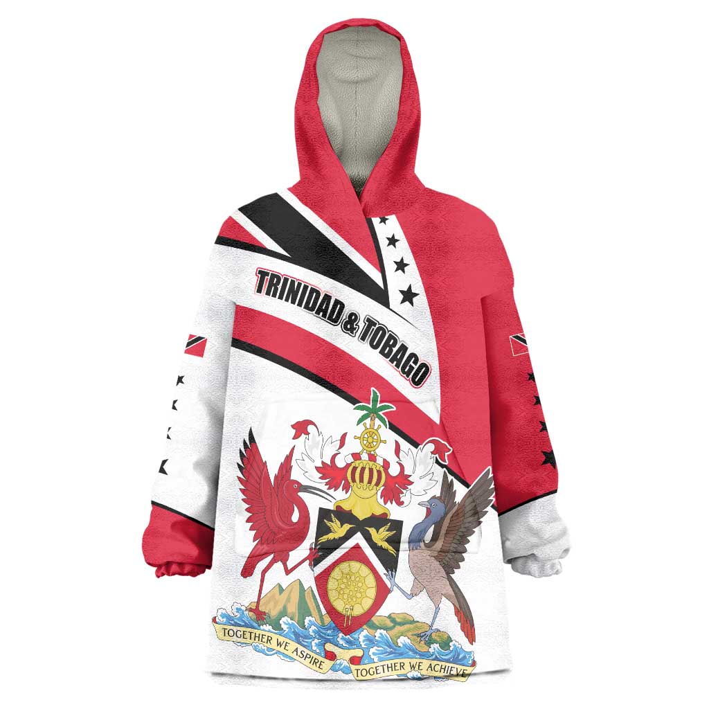 Trinidad and Tobago National Map Wearable Blanket Hoodie with Scarlet Ibis and Coat of Arms on Red White Star Theme - Wonder Print Shop