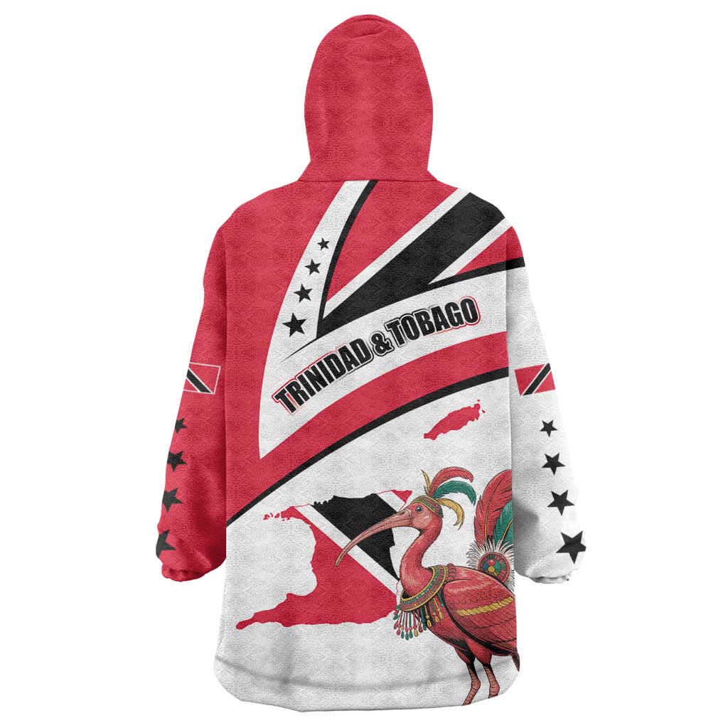 Trinidad and Tobago National Map Wearable Blanket Hoodie with Scarlet Ibis and Coat of Arms on Red White Star Theme - Wonder Print Shop