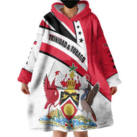Trinidad and Tobago National Map Wearable Blanket Hoodie with Scarlet Ibis and Coat of Arms on Red White Star Theme - Wonder Print Shop