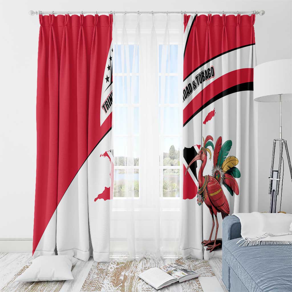 Trinidad and Tobago National Map Window Curtain with Scarlet Ibis and Coat of Arms on Red White Star Theme - Wonder Print Shop