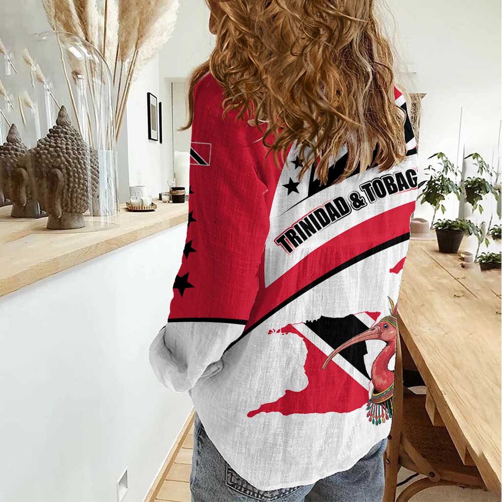 Trinidad and Tobago National Map Women Casual Shirt with Scarlet Ibis and Coat of Arms on Red White Star Theme - Wonder Print Shop