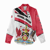 Trinidad and Tobago National Map Women Casual Shirt with Scarlet Ibis and Coat of Arms on Red White Star Theme - Wonder Print Shop