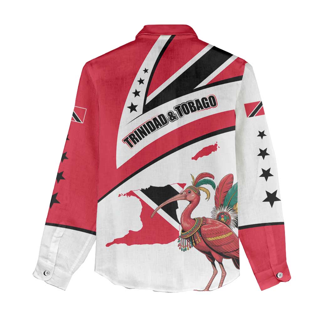 Trinidad and Tobago National Map Women Casual Shirt with Scarlet Ibis and Coat of Arms on Red White Star Theme - Wonder Print Shop