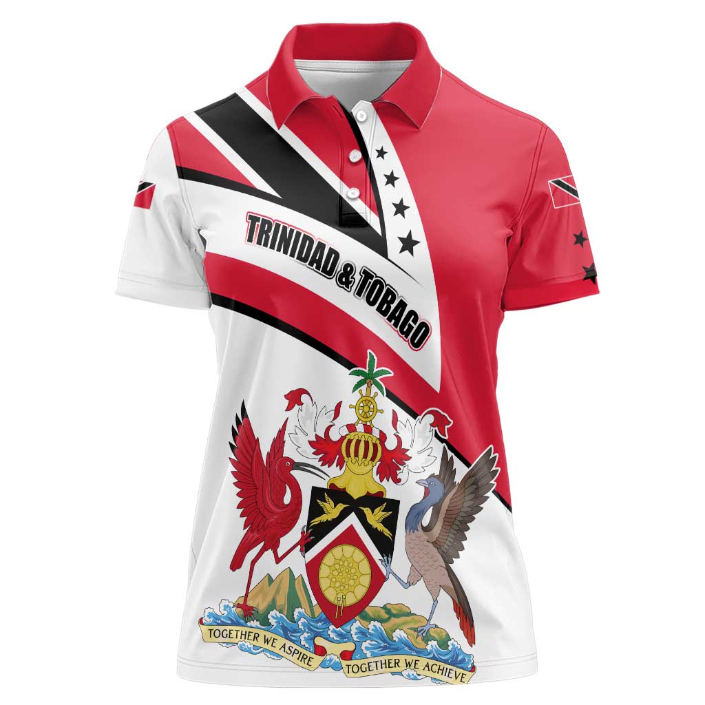 Trinidad and Tobago National Map Women Polo Shirt with Scarlet Ibis and Coat of Arms on Red White Star Theme - Wonder Print Shop