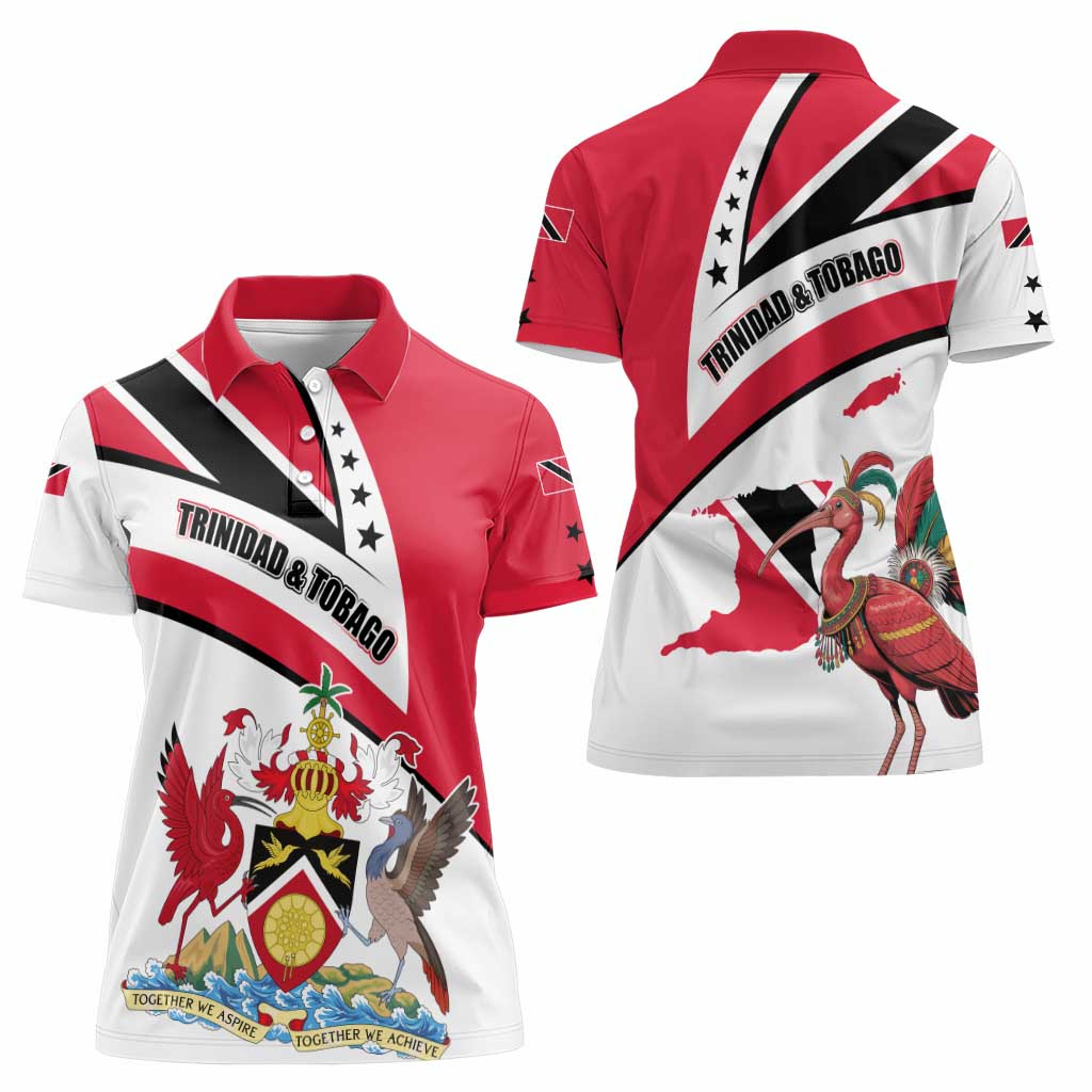 Trinidad and Tobago National Map Women Polo Shirt with Scarlet Ibis and Coat of Arms on Red White Star Theme - Wonder Print Shop