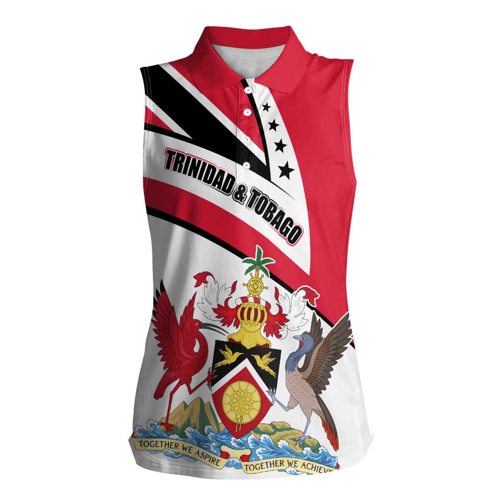 Trinidad and Tobago National Map Women Sleeveless Polo Shirt with Scarlet Ibis and Coat of Arms on Red White Star Theme - Wonder Print Shop