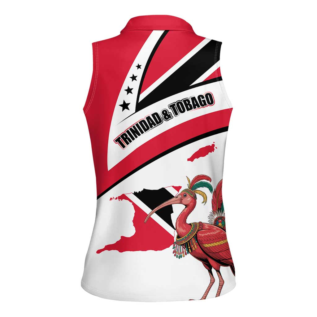 Trinidad and Tobago National Map Women Sleeveless Polo Shirt with Scarlet Ibis and Coat of Arms on Red White Star Theme - Wonder Print Shop