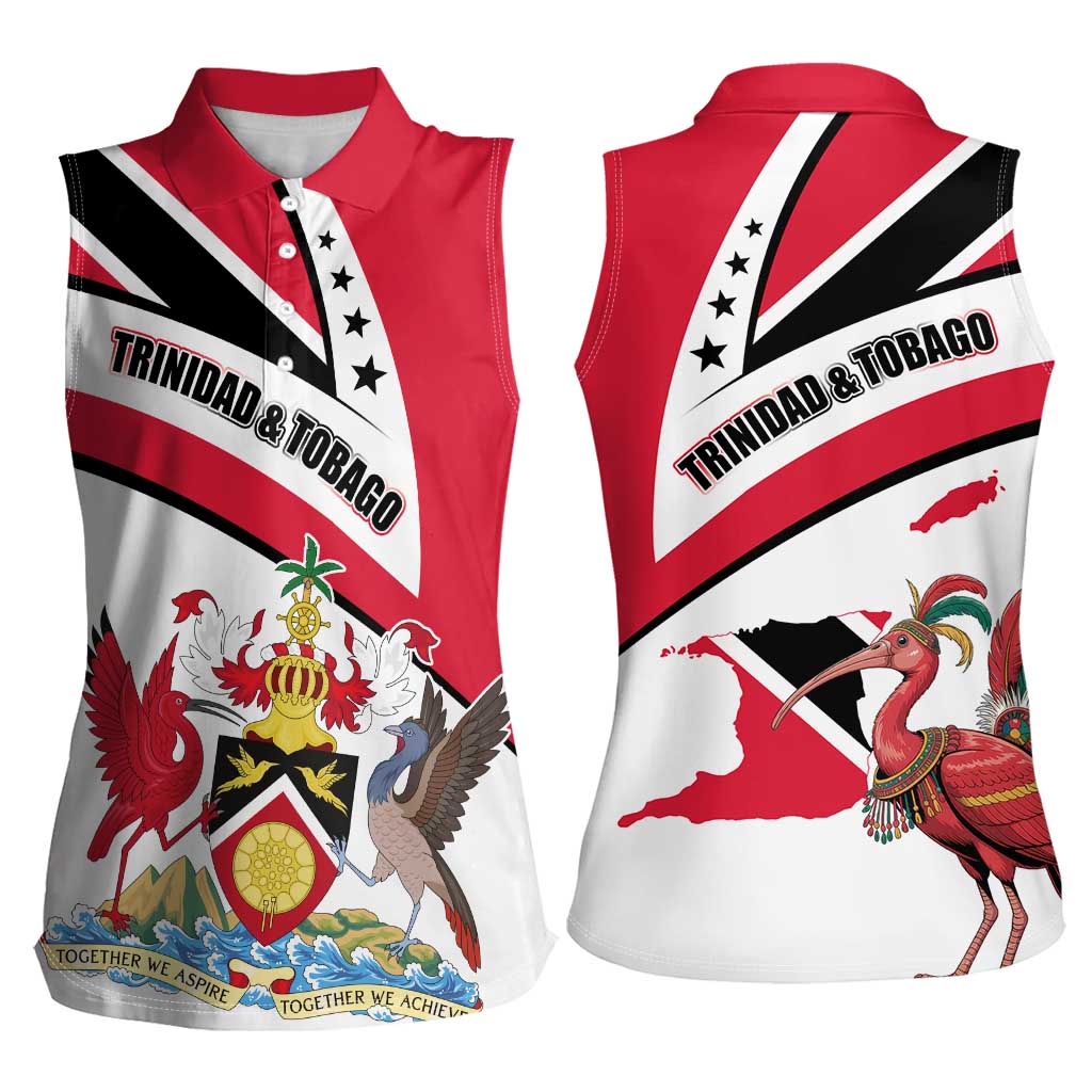 Trinidad and Tobago National Map Women Sleeveless Polo Shirt with Scarlet Ibis and Coat of Arms on Red White Star Theme - Wonder Print Shop