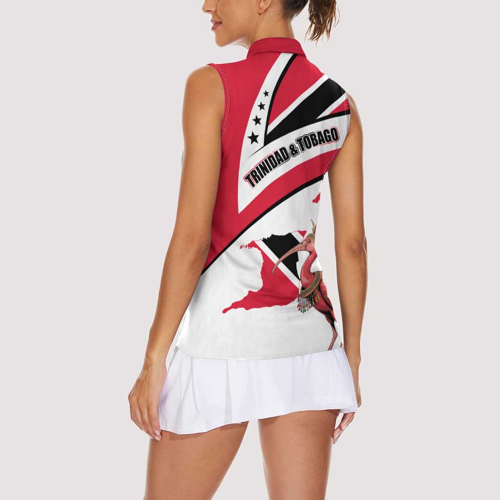 Trinidad and Tobago National Map Women Sleeveless Polo Shirt with Scarlet Ibis and Coat of Arms on Red White Star Theme - Wonder Print Shop