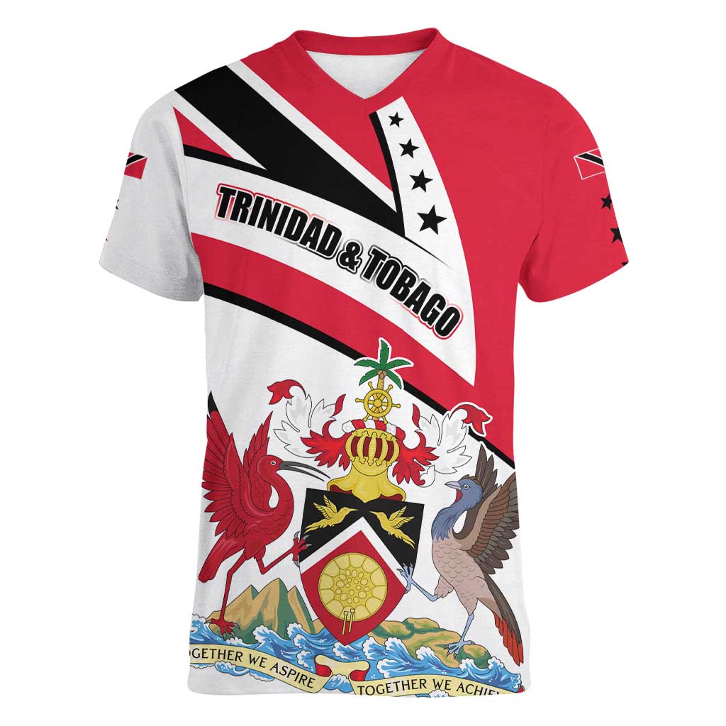 Trinidad and Tobago National Map Women V-Neck T-Shirt with Scarlet Ibis and Coat of Arms on Red White Star Theme - Wonder Print Shop