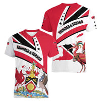 Trinidad and Tobago National Map Women V-Neck T-Shirt with Scarlet Ibis and Coat of Arms on Red White Star Theme - Wonder Print Shop