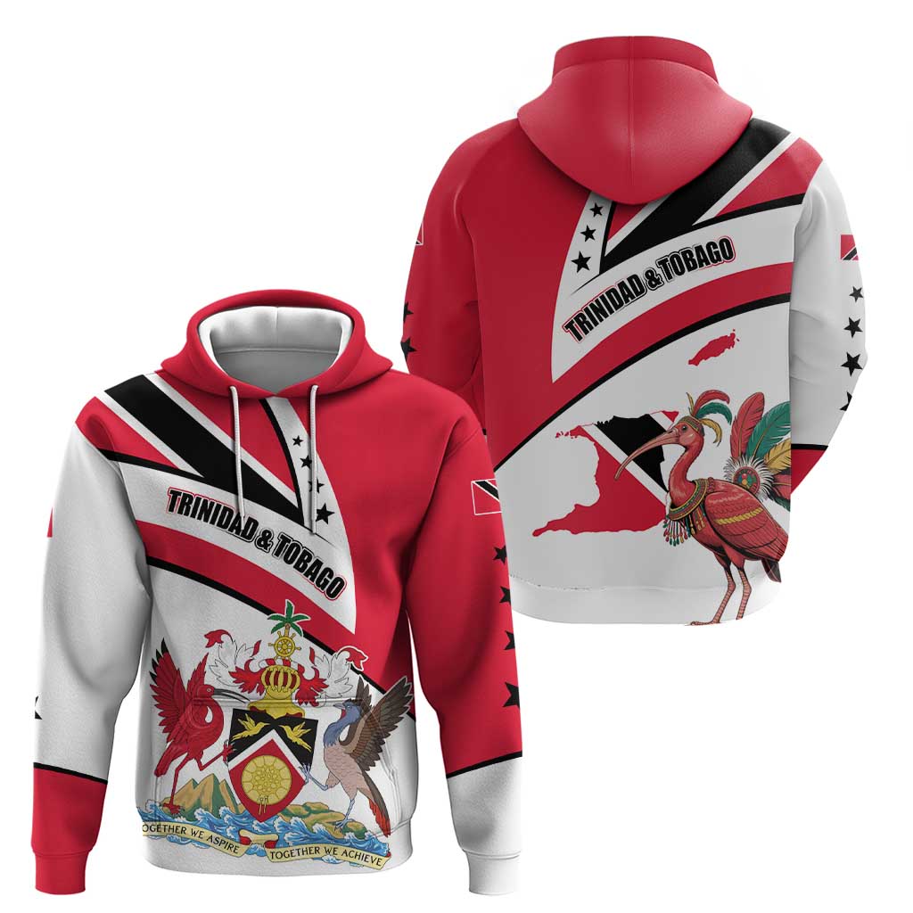Trinidad and Tobago National Map Zip Hoodie with Scarlet Ibis and Coat of Arms on Red White Star Theme - Wonder Print Shop