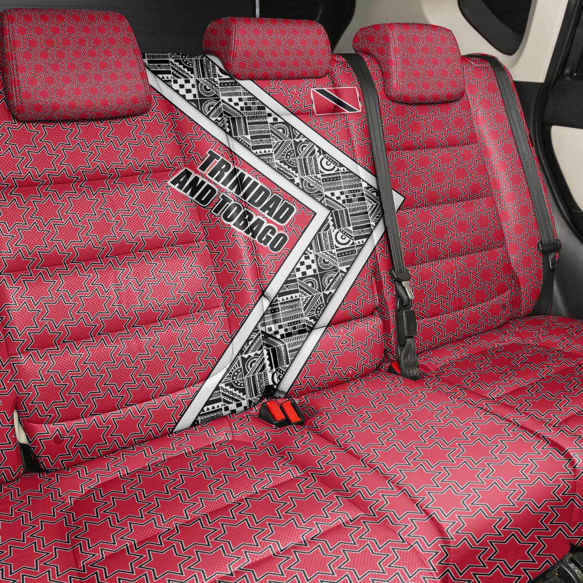 Trinidad and Tobago Flamingos Sunset Back Car Seat Cover with Tribal Masks and Red Star Pattern - Wonder Print Shop