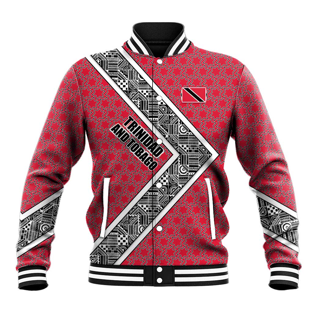 Trinidad and Tobago Flamingos Sunset Baseball Jacket with Tribal Masks and Red Star Pattern - Wonder Print Shop