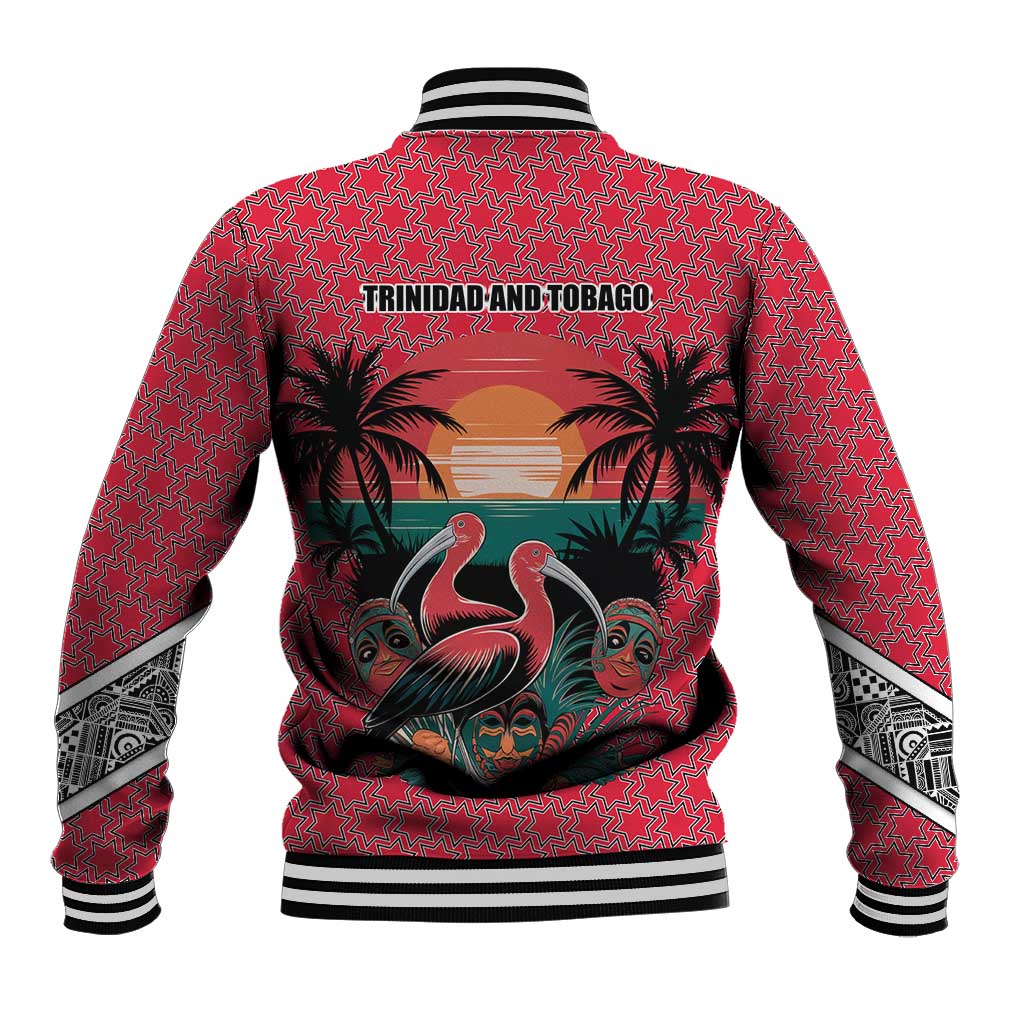 Trinidad and Tobago Flamingos Sunset Baseball Jacket with Tribal Masks and Red Star Pattern - Wonder Print Shop