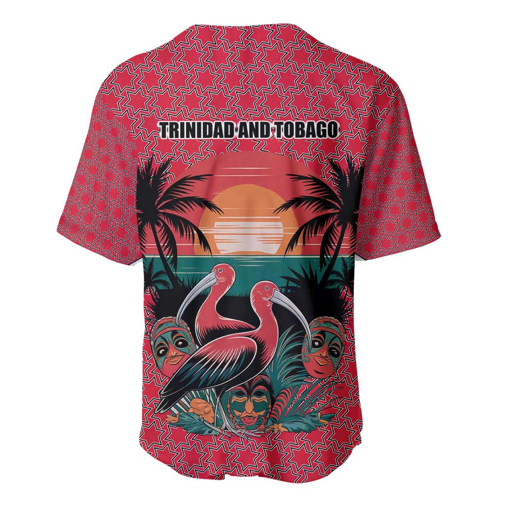 Trinidad and Tobago Flamingos Sunset Baseball Jersey with Tribal Masks and Red Star Pattern - Wonder Print Shop