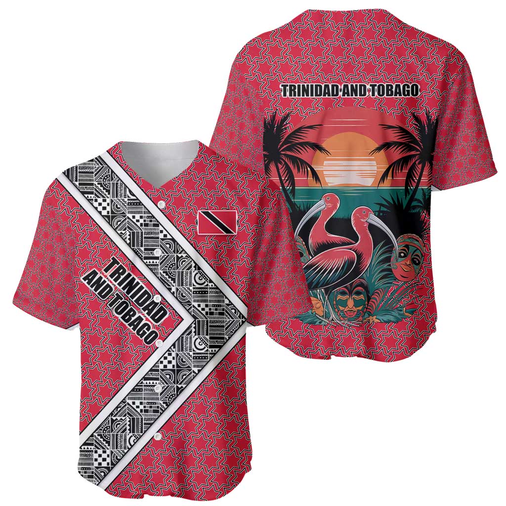 Trinidad and Tobago Flamingos Sunset Baseball Jersey with Tribal Masks and Red Star Pattern - Wonder Print Shop