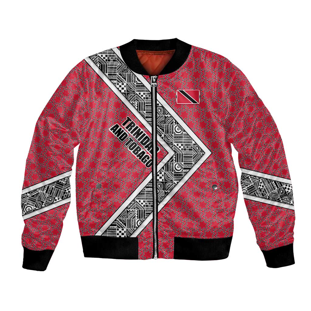 Trinidad and Tobago Flamingos Sunset Bomber Jacket with Tribal Masks and Red Star Pattern - Wonder Print Shop