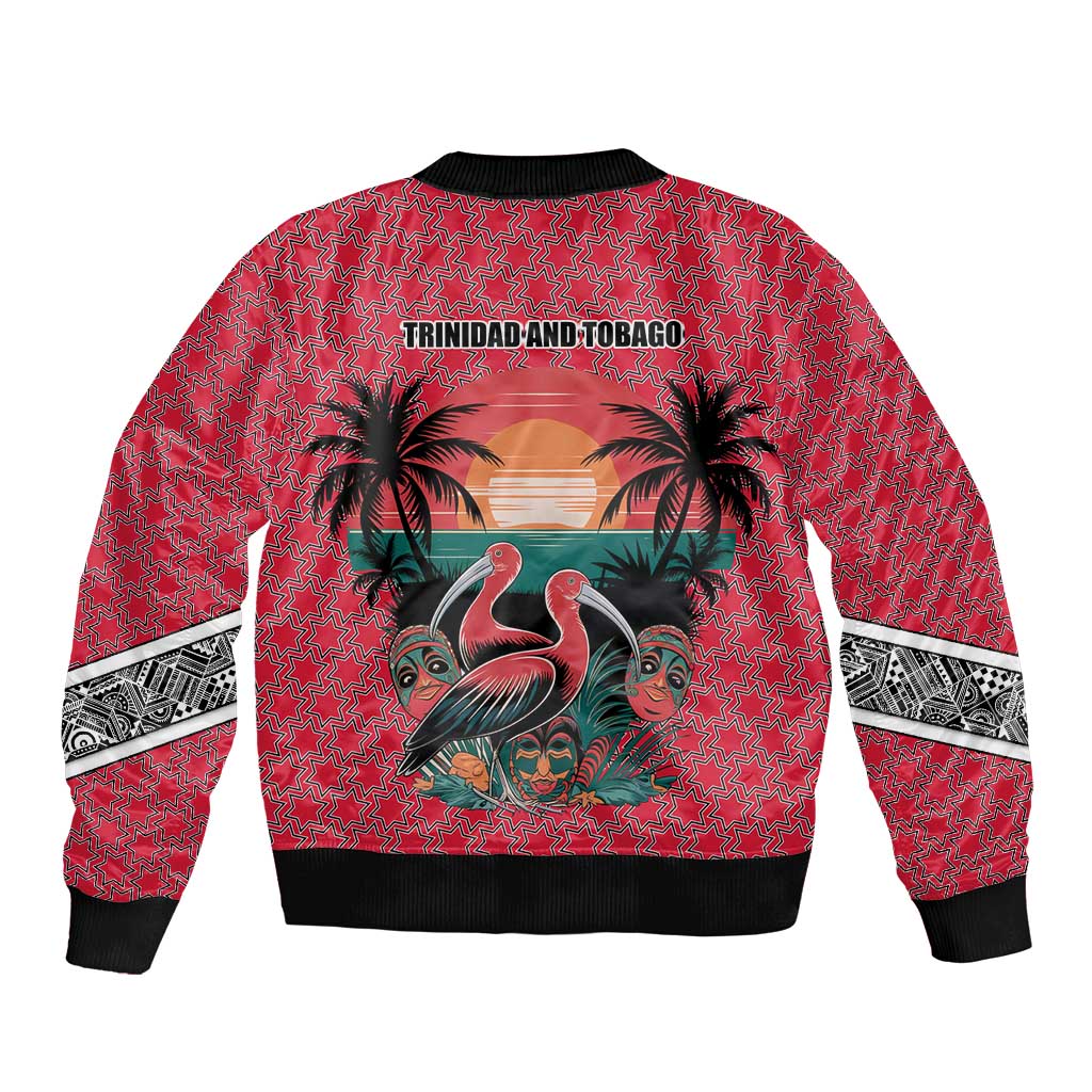 Trinidad and Tobago Flamingos Sunset Bomber Jacket with Tribal Masks and Red Star Pattern - Wonder Print Shop