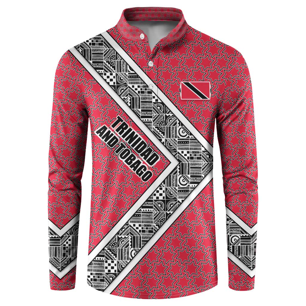 Trinidad and Tobago Flamingos Sunset Button Sweatshirt with Tribal Masks and Red Star Pattern - Wonder Print Shop