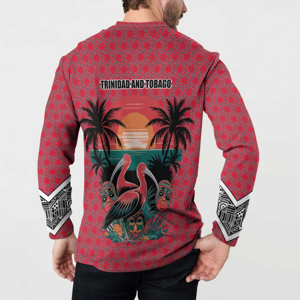 Trinidad and Tobago Flamingos Sunset Button Sweatshirt with Tribal Masks and Red Star Pattern - Wonder Print Shop