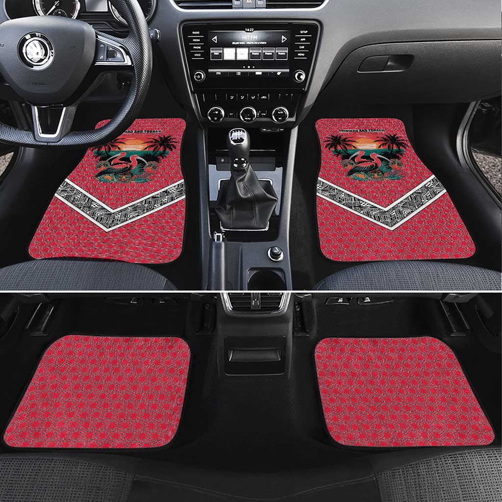 Trinidad and Tobago Flamingos Sunset Car Mats with Tribal Masks and Red Star Pattern - Wonder Print Shop